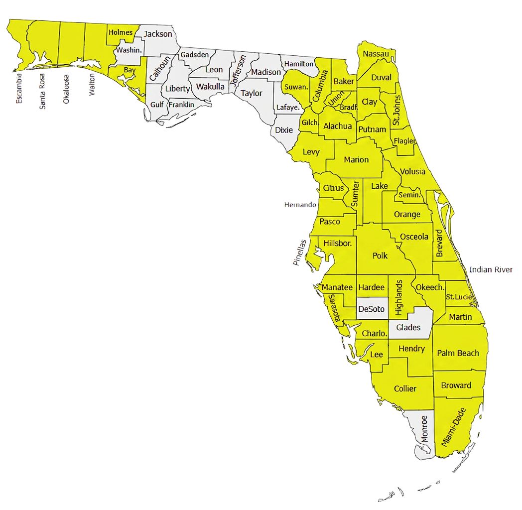 Map of Florida showing 35+ counties covered by 500+ in-home physical therapists.