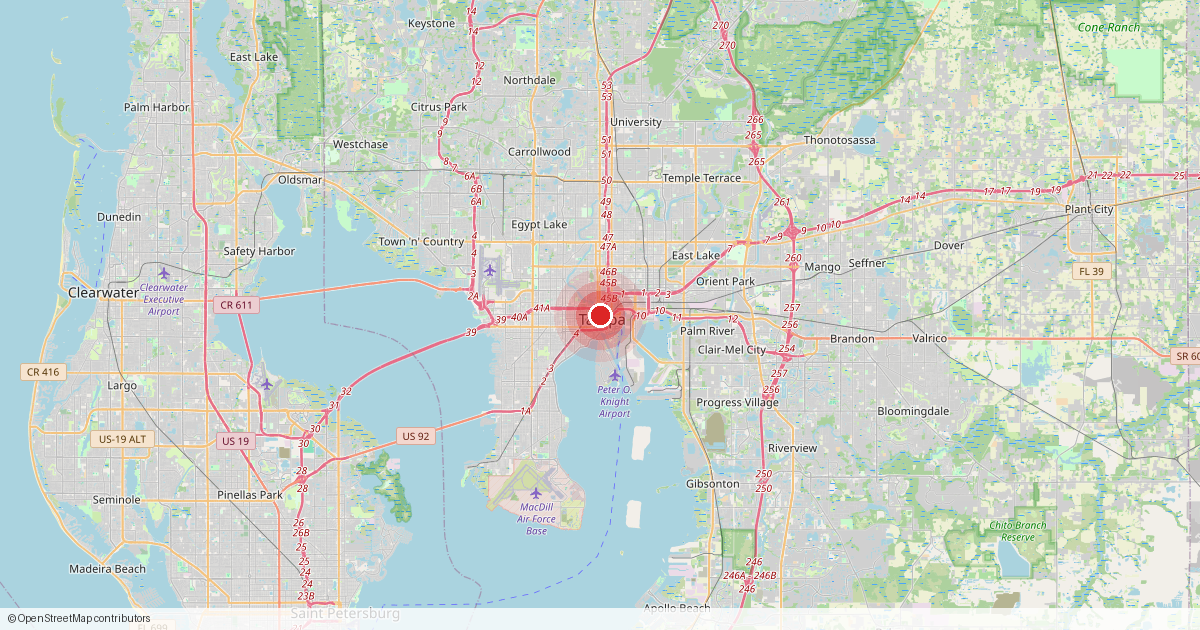 Map of Tampa, Hillsborough County, Florida.
