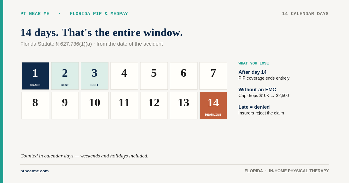 Two-week calendar with day 1 marked as the crash and day 14 as the PIP deadline.