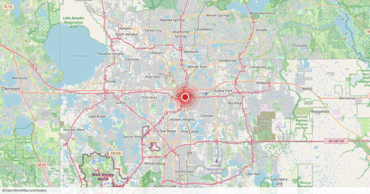 Map of Orlando, Orange County, Florida.