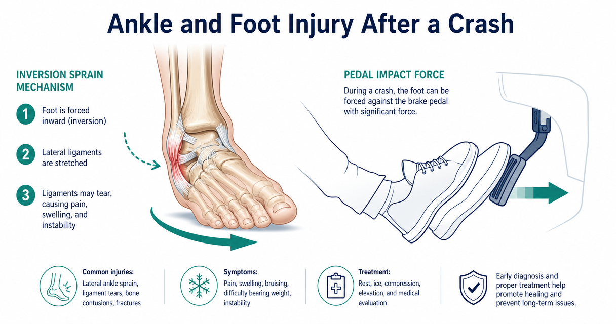 Ankle and foot anatomy with brake-pedal impact and inversion sprain mechanism after a car accident.