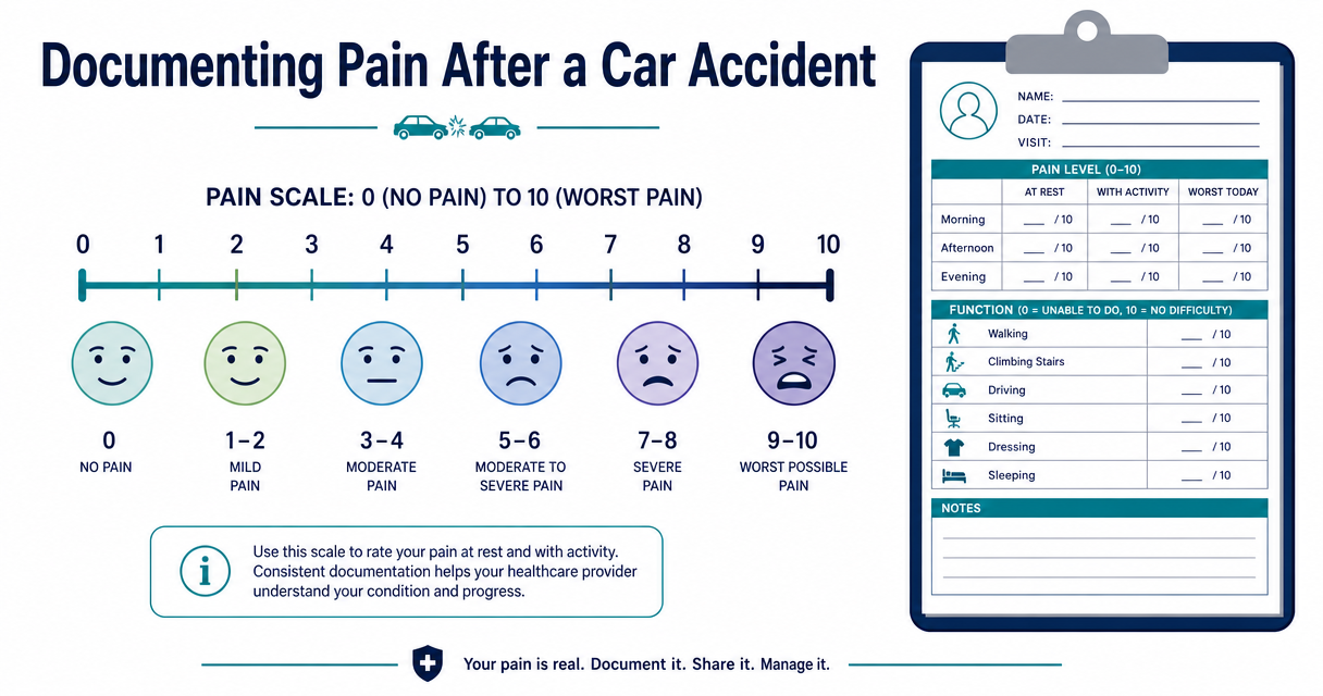 0–10 pain scale with faces and a clipboard pain-and-function chart for post-accident PT documentation.