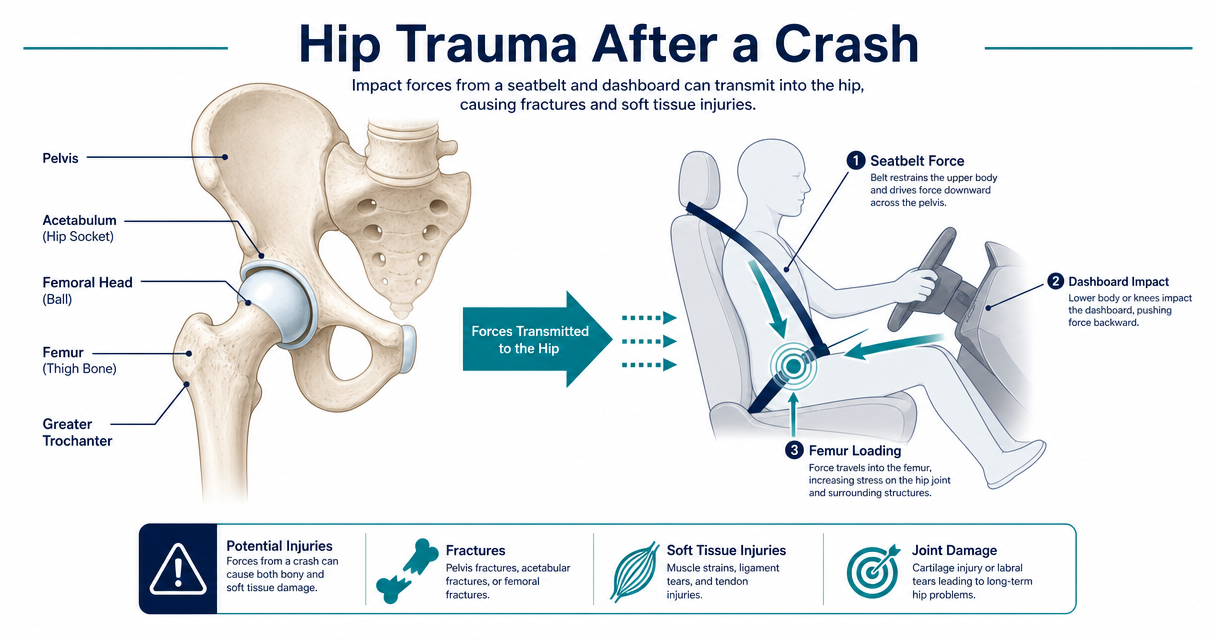Hip joint anatomy diagram and seatbelt-dashboard force vectors showing how Florida car-crash forces transmit into the hip.
