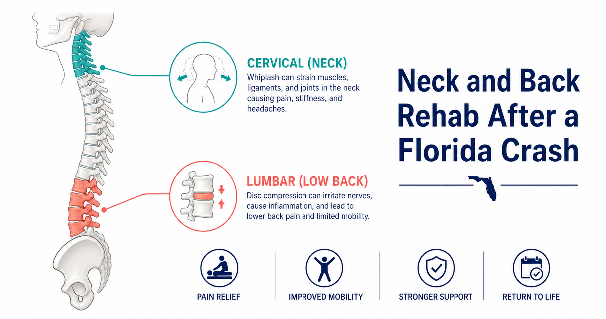 Side-view spine highlighting cervical whiplash and lumbar disc regions for combined neck and back post-crash rehab.