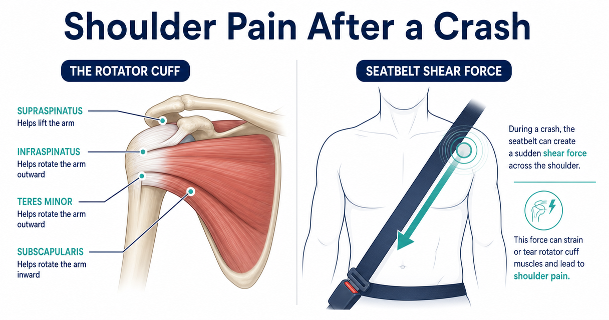 Rotator cuff anatomy and seatbelt shear-force diagram showing post-crash shoulder injury mechanism.