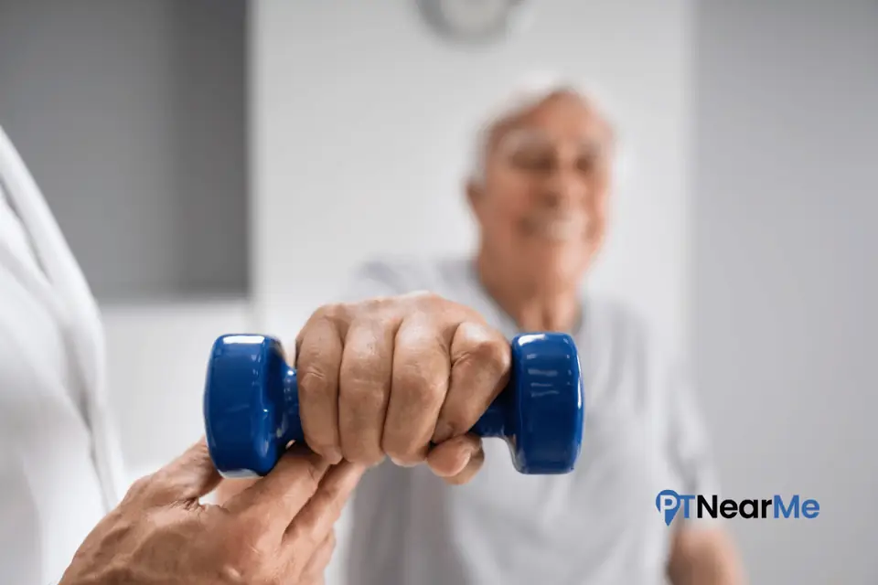 Senior patient performing progressive resistance training guided by an in-home physical therapist.