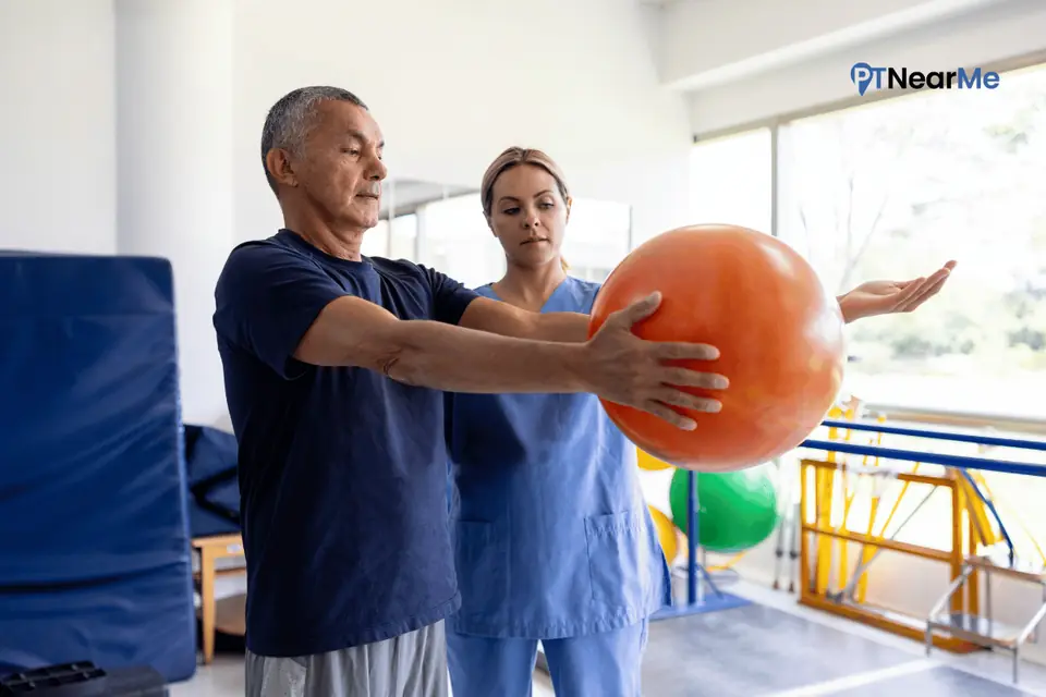 Licensed physical therapist coaching a post-crash patient through trunk-stability exercises during an in-home rehab session.