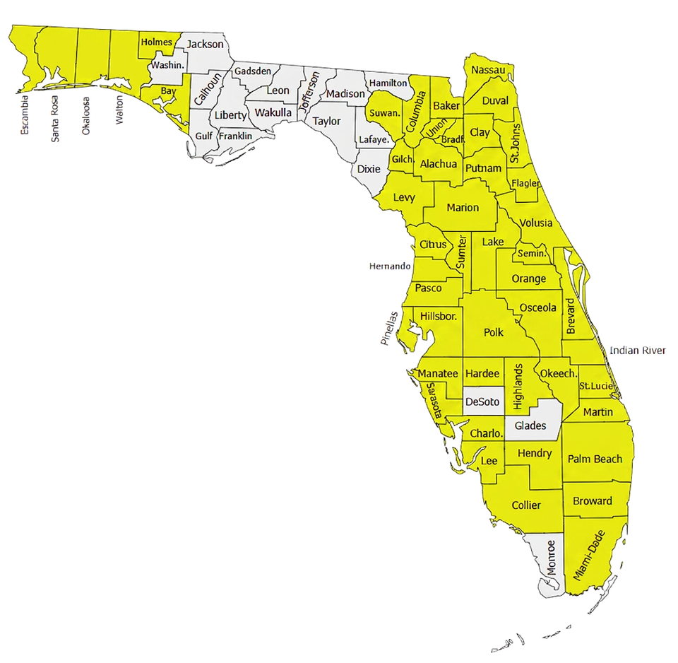 Map of Florida showing 50+ Florida counties covered by in-home physical therapists.