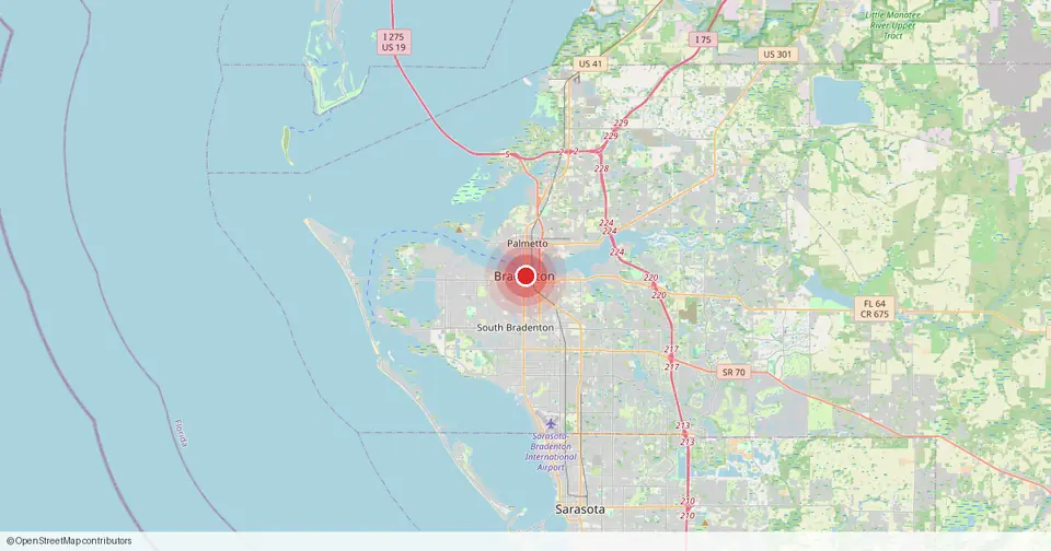Map of Bradenton, Manatee County, Florida — in-home physical therapy service area.