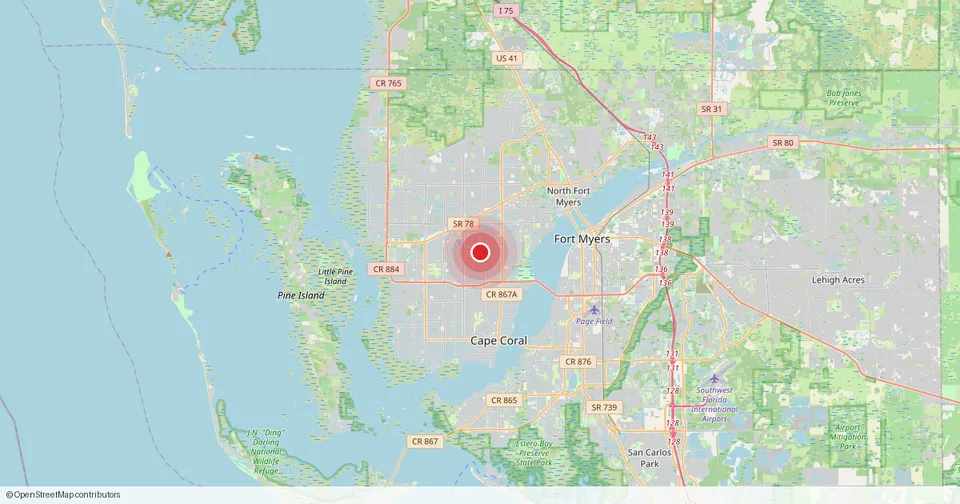 Map of Cape Coral, Lee County, Florida — in-home physical therapy service area.