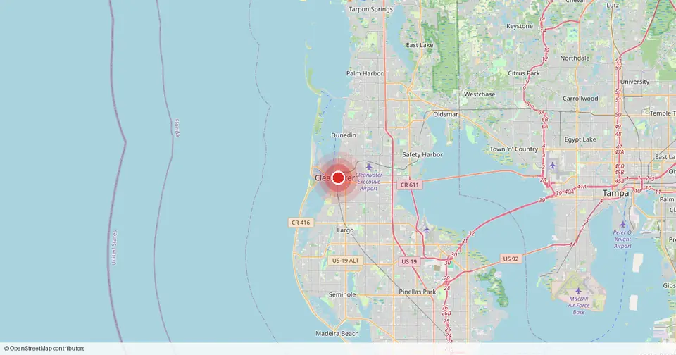 Map of Clearwater, Pinellas County, Florida — in-home physical therapy service area.