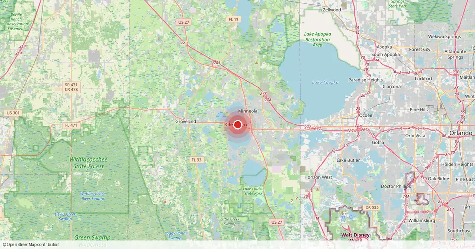 Map of Clermont, Lake County, Florida — in-home physical therapy service area.
