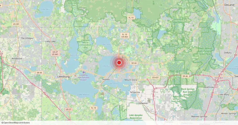 Map of Eustis, Lake County, Florida — in-home physical therapy service area.