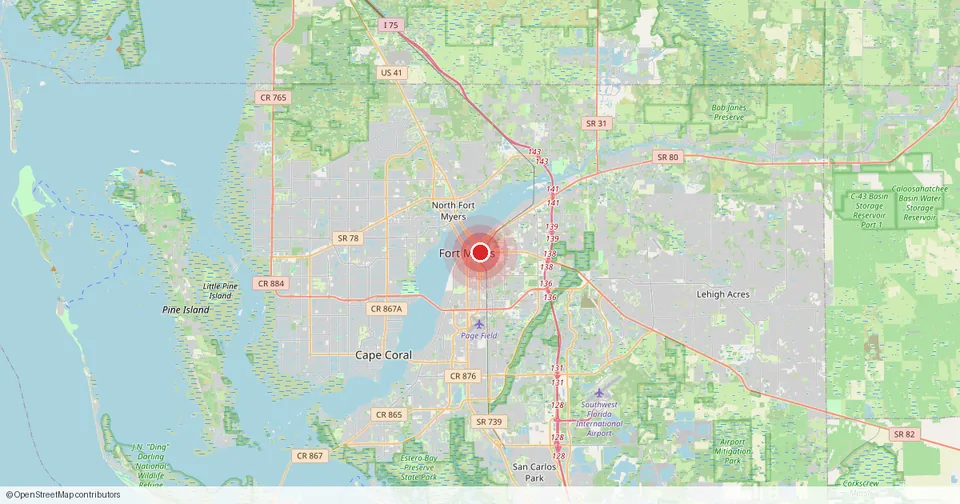 Map of Fort Myers, Lee County, Florida — in-home physical therapy service area.