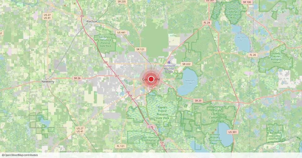 Map of Gainesville, Alachua County, Florida — in-home physical therapy service area.