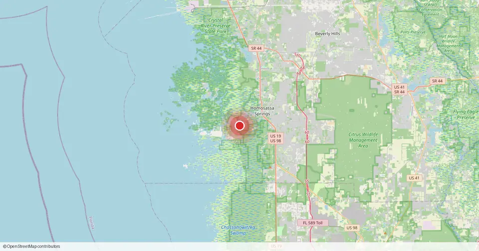 Map of Homosassa, Citrus County, Florida — in-home physical therapy service area.