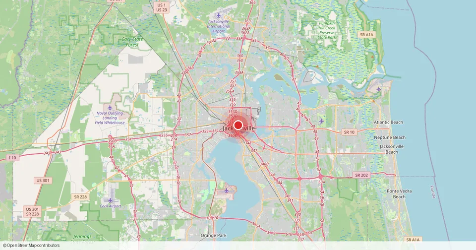 Map of Jacksonville, Duval County, Florida — in-home physical therapy service area.
