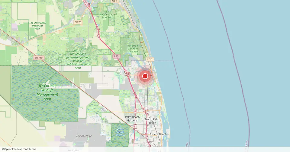 Map of Jupiter, Palm Beach County, Florida — in-home physical therapy service area.