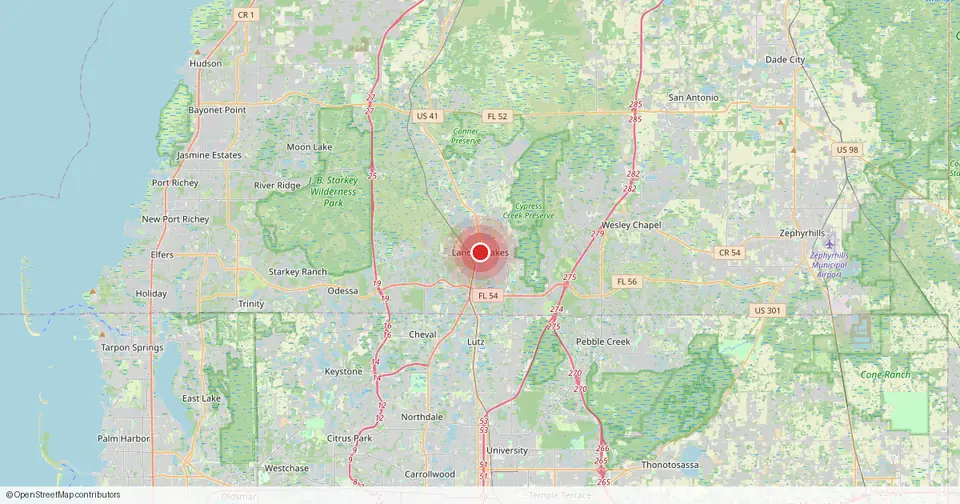 Map of Land O' Lakes, Pasco County, Florida — in-home physical therapy service area.