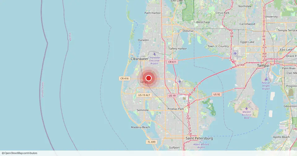 Map of Largo, Pinellas County, Florida — in-home physical therapy service area.