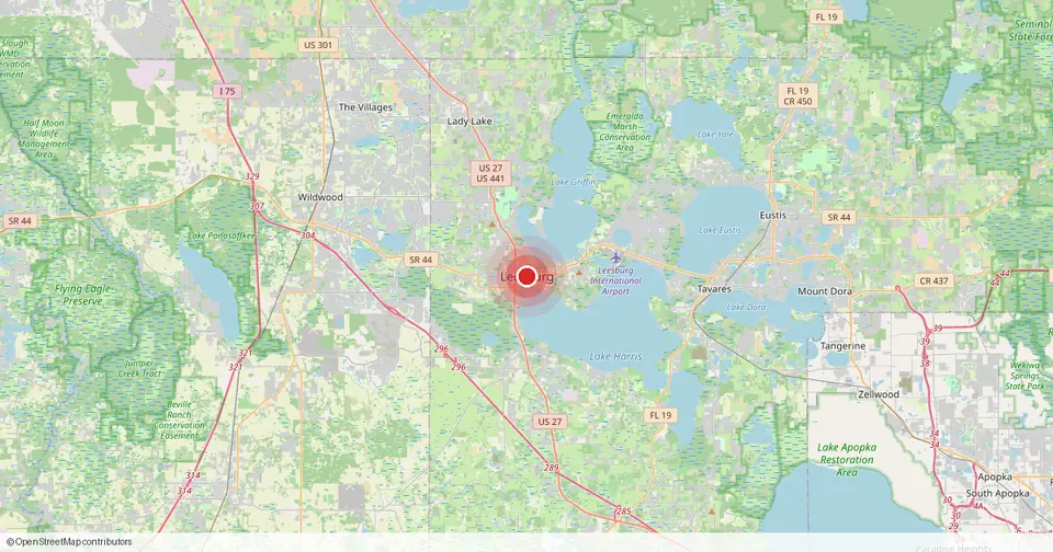 Map of Leesburg, Lake County, Florida — in-home physical therapy service area.