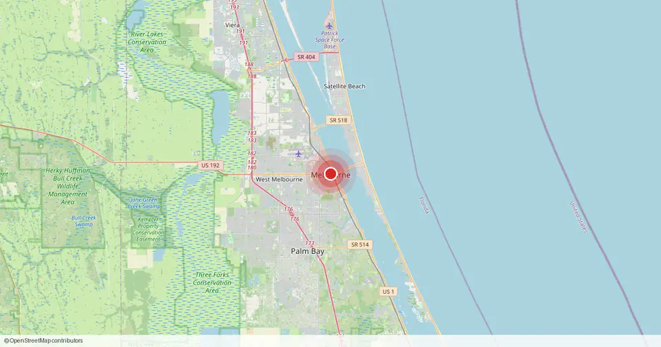 Map of Melbourne, Brevard County, Florida — in-home physical therapy service area.
