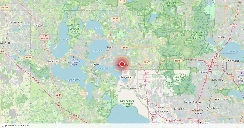 Map of Mount Dora, Lake County, Florida — in-home physical therapy service area.