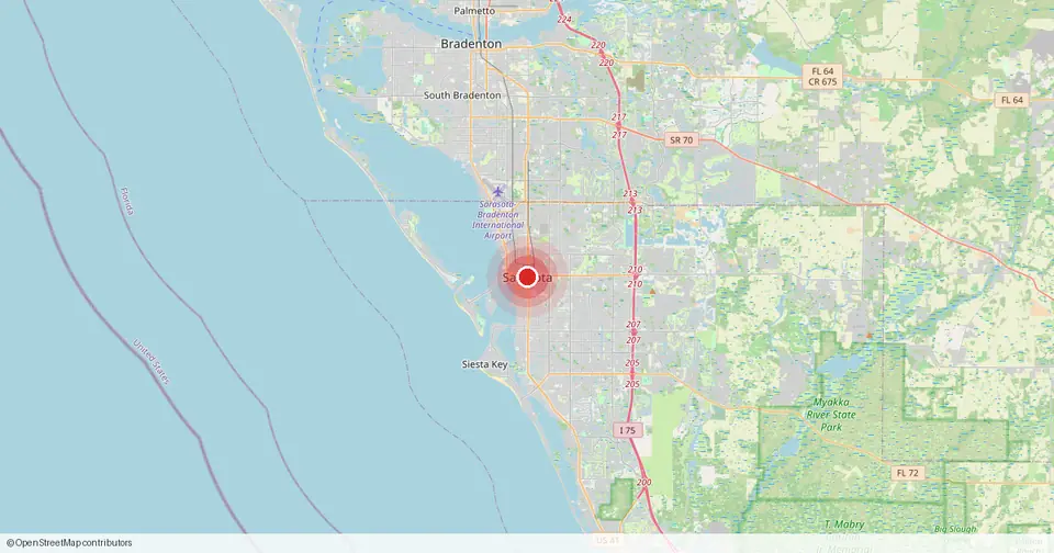 Map of Sarasota, Sarasota County, Florida — in-home physical therapy service area.