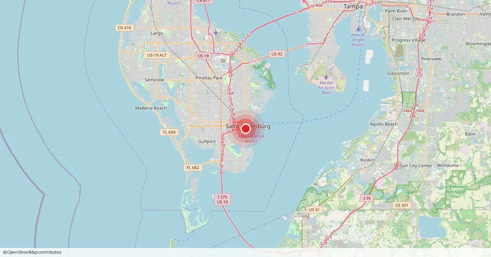 Map of St. Petersburg, Pinellas County, Florida — in-home physical therapy service area.