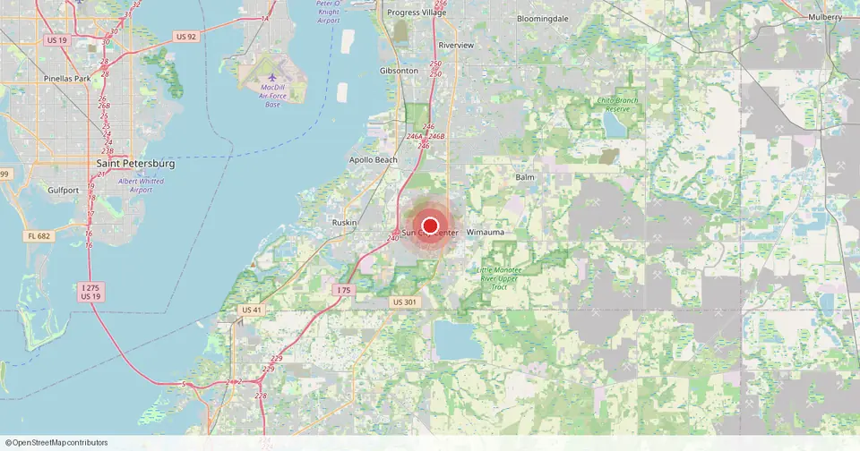 Map of Sun City Center, Hillsborough County, Florida — in-home physical therapy service area.