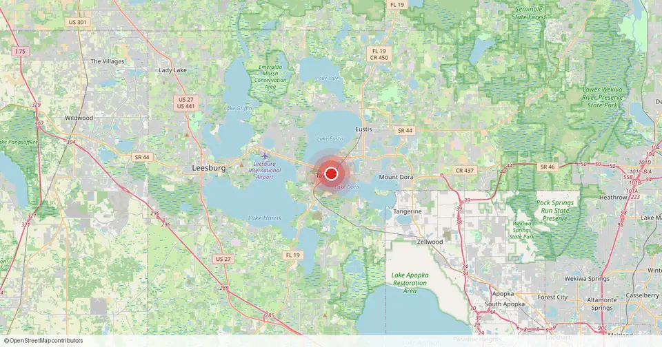 Map of Tavares, Lake County, Florida — in-home physical therapy service area.