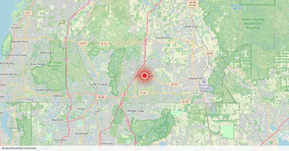 Map of Wesley Chapel, Pasco County, Florida — in-home physical therapy service area.