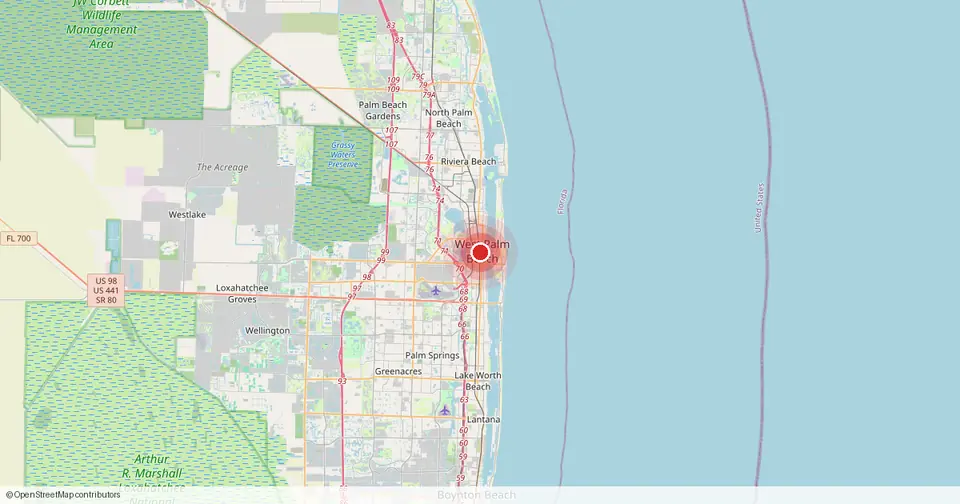 Map of West Palm Beach, Palm Beach County, Florida — in-home physical therapy service area.