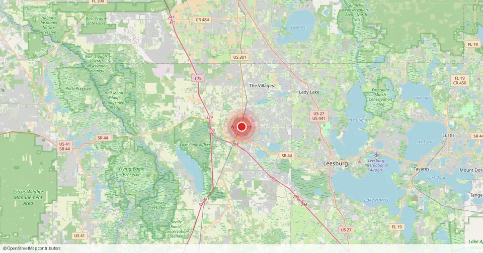 Map of Wildwood, Sumter County, Florida — in-home physical therapy service area.